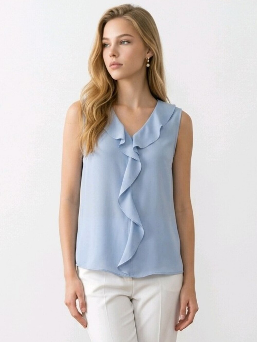 NWT Tahari Forever Blue Sleeveless Ruffle V-Neck Blouse sz XS PETITE